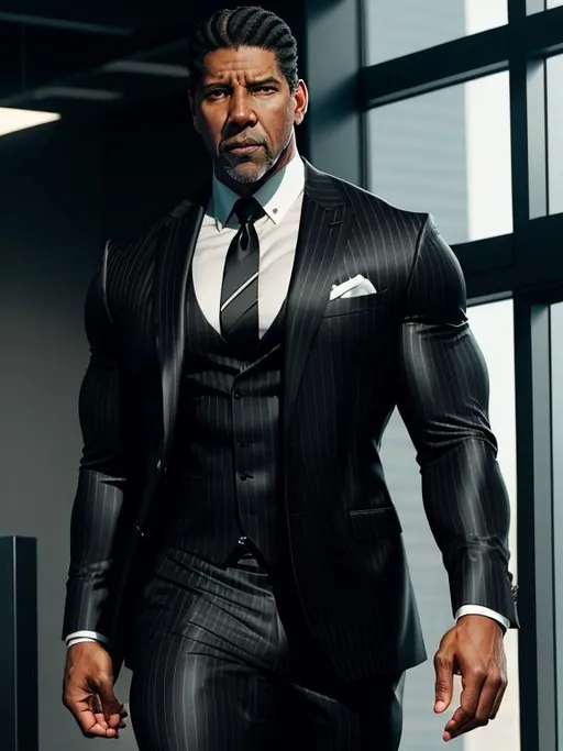 Prompt: perfect composition, {30 year old}, extremely muscular {Denzel Washington} as a bodybuilder, wearing {black pinstriped three piece suit}, {short black hair}, extra masculine, peak fitness, asymmetric scars, determined expression, 8k eyes, detailed face, wlop, stanley artgerm lau, artstation, hd, octane render, hyperrealism intricate details, 8k, cinematic volumetric light, proportional, art trending on artstation, sharp focus, studio photo, intricate details, highly detailed, intricate artwork masterpiece, ominous, intricate, epic, trending on artstation, highly detailed, vibrant, production cinematic character render, ultra high quality model, 