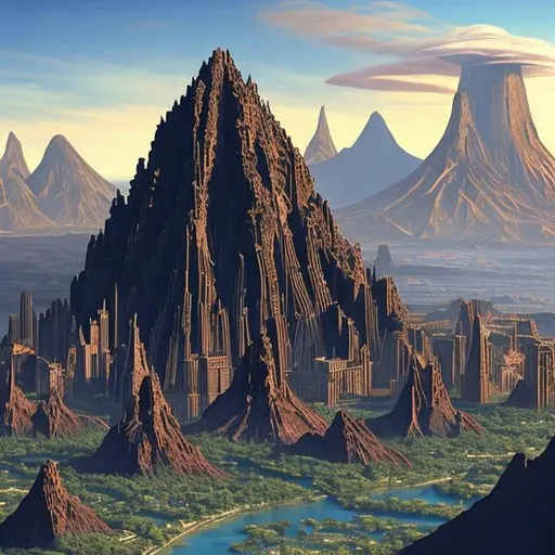 Prompt: cities built into the sides of towering volcanic mountains and cliffs, with elaborate networks of tunnels and caverns. The architecture features robust and angular structures made of heat-resistant alloys, with buildings often carved directly into the volcanic rock. Futuristic, imperial, skyscrappers, dark and red