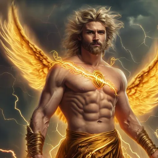 Prompt: Realistic photo of a hypermasculine young handsome god with lightning hair, golden angel wings, and eyes of fire. Wearing a golden sash, hairy chest, large musculature, and holding golden lightning bolt. In clear and best quality, ((8k)) 