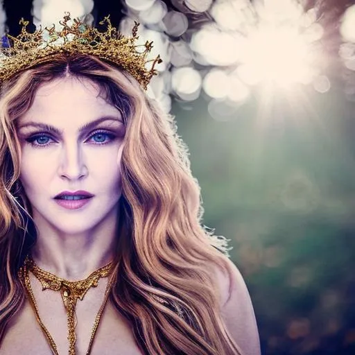 Prompt: a photo-realistic, cinematic quality, , full body portrait of madonna
 with Brown hair and brown eyes, wearing a golden crown studded with gem stones on her head, standing in a forest meadow at dusk, wearing a royal purple Bikini