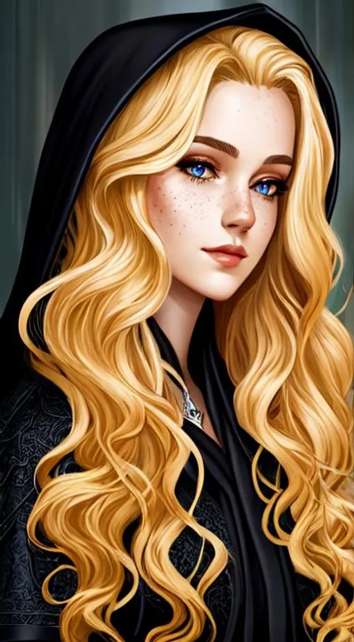 Prompt: dnd, portrait, long curly hair, female, Illustration, black hood and robes, scars, freckles, princess