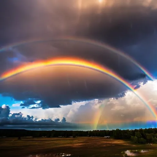 Prompt: rainbow during thunderstorm sky 