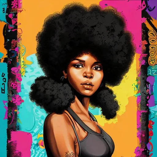 Prompt: black woman with huge afro hair in pop culture style artwork



