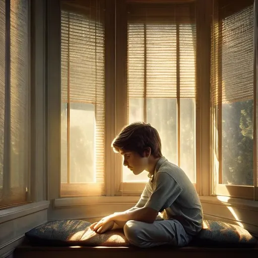 Prompt: Within the soft illumination filtering through the window, a young boy sits on a well-worn cushion, perched beside a window sill that has become a testament to countless daydreams. He's engrossed in a world of boundless imagination, his tousled hair catching glimmers of golden light, his eyes dancing with the glow of wonder.