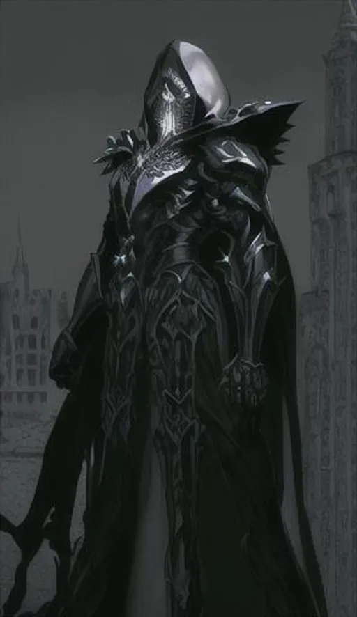 Prompt: a black and white photo a closeup of a single hooded armored cleric man standing on a building in an ancient gothic city, dark fantasy, drawn by Anthony Chong Jones, centered, intricate, elegant, masterpiece, highly detailed, concept art, smooth, sharp focus, character design, gothic, by Shi Zhonggui, art style of marc simonetti, necromancy, intricate depth and detail, character centered on image, book cover