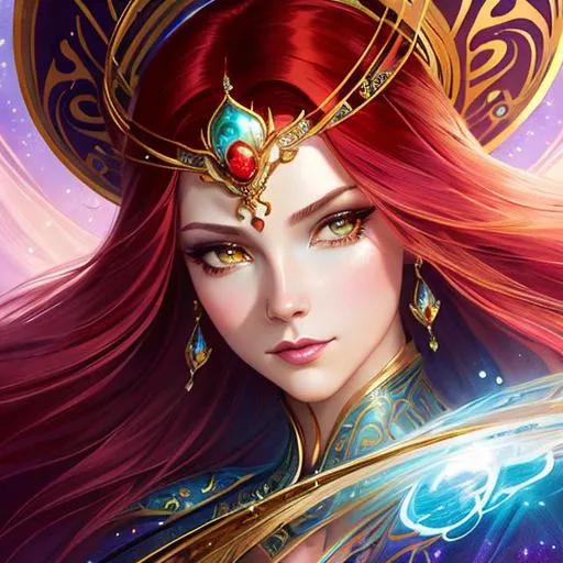 Prompt: a close up portrait of An intergalactic beautiful empress, beautiful symmetrical face, silky gradient red hair hair, golden eyes, wearing a exquisite gown with delicate intricate details, shimmer, glow. Art by  stanley artgerm, peter mohrbacher, Clint cearley, Brian Froud, rossdraws, guweiz, wlop, ilya kuvshinov, Charlie bowater, Laura Diehl, makoto shinkai. painting by daniel f gerhartz, art by Andrew Atroshenko and Edouard Bisson. highly detailed, sharp focus, ethereal, fantastic view, dreamy, Epic, celestial, sparkling, glossy, light emitting,  inner light.

