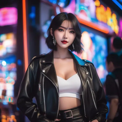 Prompt: a woman in a black leather jacket and black pants posing in front of neon signs, vi from league of legends, trending on pixiv, in style of pan ren wei, thin-waist, ernie chan, kitt, killstar, mulan, full-cosplay, beautiful android woman, david luong, ”beautiful anime woman, oculus quest 2, 1"