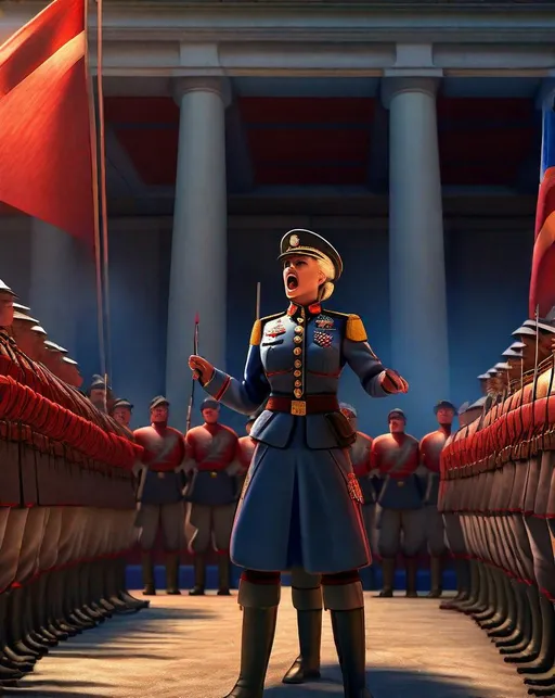 Prompt: A military general delivers an impassioned speech to rally her troops before battle, fiery light from the setting sun streaming in through billowing red and blue flags behind her. In the style of Andrew Prokos. ultra detailed, highly detailed scenario, photorealistic, intricate, masterpiece, UHD, HDR, symmetric, coherent, epic detail, stunning, beautiful, ,lumen render ,lumen path tracing ,path tracing light ,path tracing shadow ,path tracing special fx, 