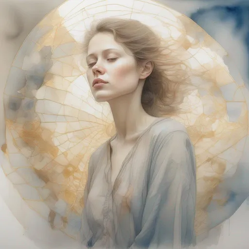 Prompt: A Lovely woman, WaterColor, Pencil Sketch, Muted Colors, crispy, golden ratio, highly detailed, beautiful,  wet on wet watercolor, volumetric lighting, 
Art style by Monet, Conrad Roset, Klimt, Erik Johansson, Michael hussar, 
masterpiece, best quality, intricated details, UHD, HDR10, 8k,