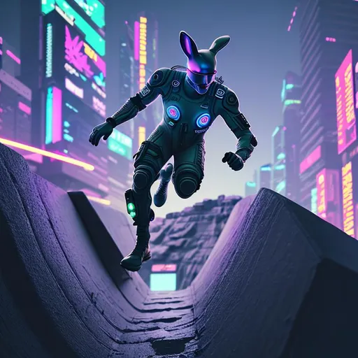 Prompt: military man in bunny suit surfing on sloped walls, cyberpunk, amazing details, digital art, cinematic lighting, neon lights