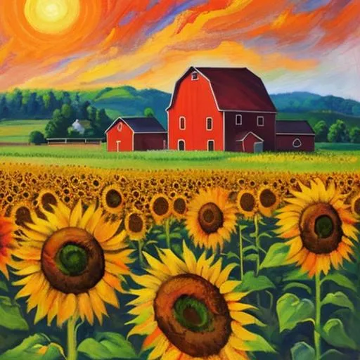 Prompt: impressionism style painting of sunflowers with a red barn in the background. Use light colors
