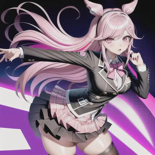 Prompt: danganronpa mastermind girl that looks cute, and is psychotic and mean and insane, long pink hair, with gyaru like clothing on, gyaru, kawaii, evil, pose, medium skirt, HD, 8k, best quality, SFW