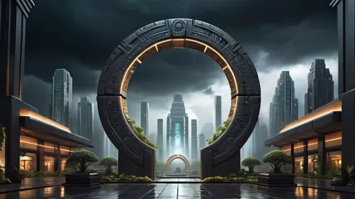 Prompt: magical portal between cities realms worlds kingdoms, circular portal, ring standing on edge, upright ring, freestanding ring, hieroglyphs on ring, complete ring, ancient aztec architecture, gardens, hotels, office buildings, shopping malls, large wide-open city plaza, panoramic view, dark stormy night, stormy sky, rain, futuristic cyberpunk tech-noir setting