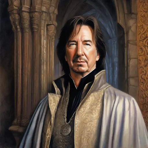 Prompt: oil painting, character portrait, Alan Rickman as a fantasy noble, muted castle interior background, half body, highres, detailed, mysterious, eerie, style of Ravenloft, by Todd Lockwood,