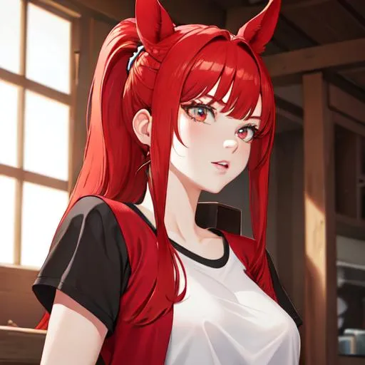 Prompt: Haley as a horse girl with bright red hair pulled back, UHD, highly detailed, wearing a t-shirt
