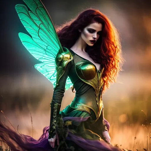 Prompt: HD, 4K, 3D, Stunning, magic, cinematic camera, gothic beauty, ethereal green wings,fairy queen,gothic enchanted, light contrast, long, curly redhead hair, lovely, romantic, tender, purple light, moon strails, perfect female beauty, intricate, pale traslucent skin, golden ratio, look in camera, gorgeous sinuous body, female body,gorgeous eyes