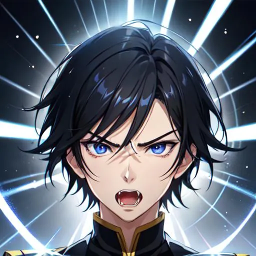 Prompt: zoomed out portrait of a {male}, male, guy, symmetrical, anime wide eyes, short hair, soft lighting, detailed face, takashi takeuchi, concept art, digital painting, looking into camera, fate, powerful, angry, energy, shouting, open mouth, fangs, blue eyes, black hair, anime face marks