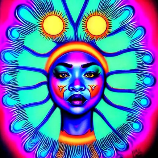 Prompt: Hypnotic illustration of the sun goddess dancing with blue skin pop surrealism, dark glow neon paint, mystical, hyper realistic, very detailed, cute face, aboriginal