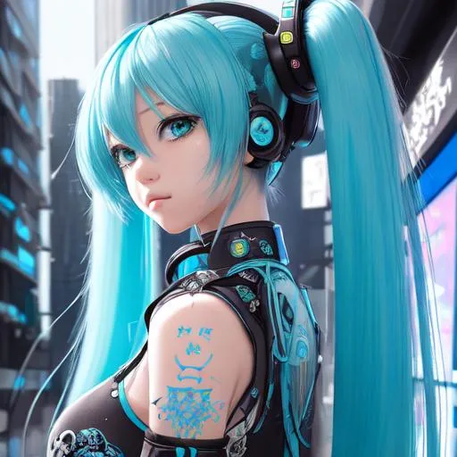 Prompt:  masterpiece hyperdetailed hatsune miku, intricate hyperdetailed blue hair, detailed bangs, beautiful detailed cute face, perfect composition, super detailed, 8k, high quality, trending art, trending on artstation, sharp focus, studio photo, intricate details, highly detailed, by greg rutkowsk, character concept, full body visible, cyberpunk,

sunshine, back light,

cinematic light, studio lighting,

professional award-winning photography, maximalist photo illustration 64k,

impressionist painting,