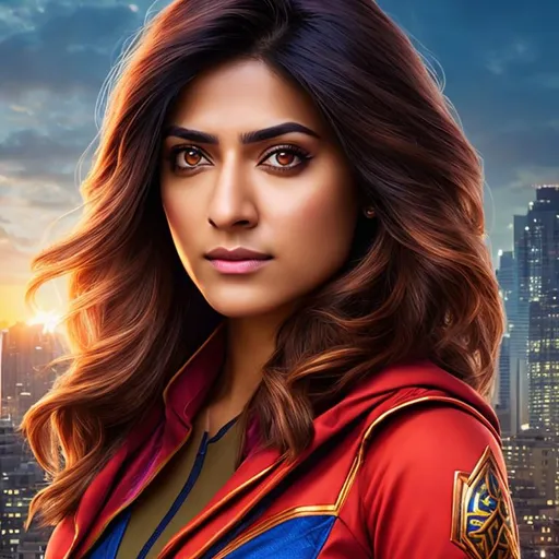 Prompt: High resolution hyperrealistic dynamic image of kamala khan merged with kate bishop, symmetrical detailed photorealistic face, highly detailed, cinematic, uhd, hdr, 64k