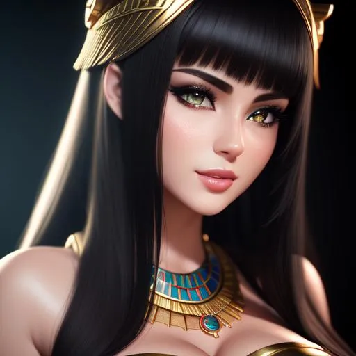 Prompt: {{{{highest quality 3d concept art masterpiece}}}} best octane unreal engine 5 digital render with {{volumetric lighting}}, hyperrealistic intricate 128k UHD HDR,

hyperrealistic intricate perfect upper body image of flirtatious seductive stunning gorgeous beautiful feminine 22 year old anime like ancient egyptian goddess with 
{{hyperrealistic intricate black hair}} 
and 
{{hyperrealistic intricate clear brown eyes}} 
and hyperrealistic intricate perfect flirtatious seductive stunning gorgeous beautiful egyptian feminine face wearing 
{{hyperrealistic intricate body tight goddess outfit}}
 with deep exposed cleavage and visible abs,
soft skin and red blush cheeks and cute sadistic smile, 

epic fantasy, 
perfect anatomy in perfect composition approaching perfection, 
{{seductive love gaze at camera}}, 

hyperrealistic intricate blurred ancient pyramid temple in background, {{mysterious ancient atmosphere}}, 
  
cinematic volumetric dramatic 
dramatic studio 3d glamour lighting, 
backlit backlight, 
professional long shot photography, 

triadic colors,
sharp focus, 
occlusion, 
centered, 
symmetry, 
ultimate, 
shadows, 
highlights, 
contrast, 
{{sexy}}, 
{{huge breast}}
