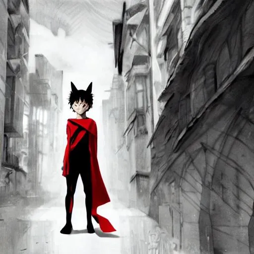 Prompt: little boy with cat ears in an black outfit with red cape. digital artwork made by lois van baarle and kentaro miura and marc simonetti, sharpness focus, inspired by hirohiko araki and noir film, anatomically correct, heroic composition, hero pose, smooth