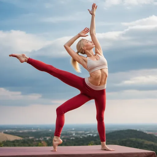 Prompt: Glamour photography of limber athletic, blonde lady stretching to sky doing yoga, full body, reaching