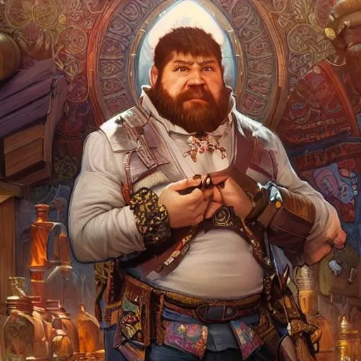 Prompt: Three-quarters portrait of artificer dwarven market-place selling high-tech magical trinkets, highly detailed, digital painting, art by Stanley Lau and Artgerm and magali villeneuve and Alphonse Mucha, artstation, octane render, cgsociety
