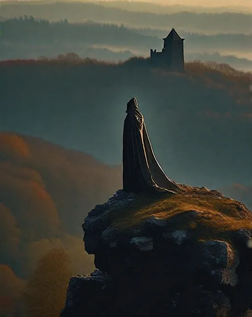 Prompt: A lone (((cloaked figure))) stands at the peak of a crumbling stone tower overlooking misty hills and old forests. Shot at golden hour with a telephoto lens for dramatic lighting. Fantasy, mystical, ancient.