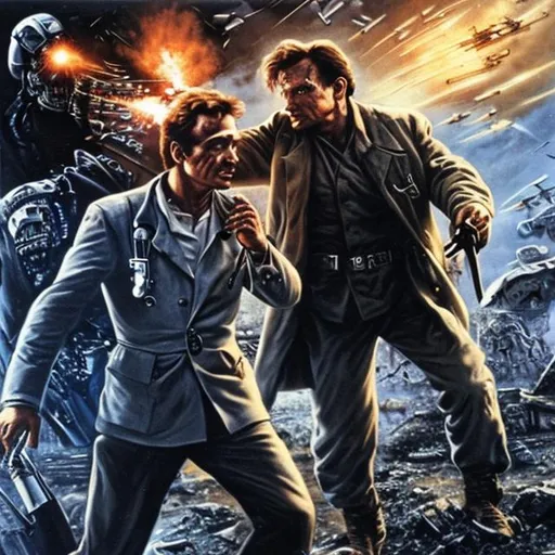 Prompt: High resolution futurist doctor saving battlefield patient in a war against terminator. 