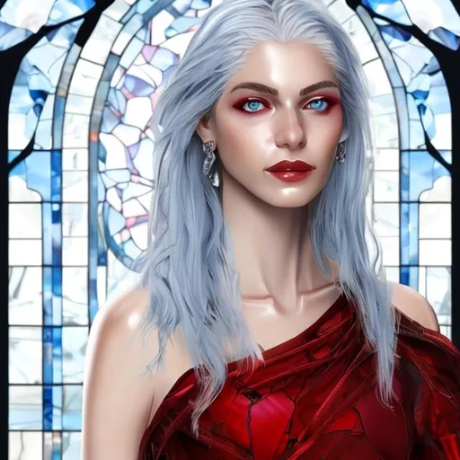 Prompt: Model Victoria Ceretti with blue eyes, 
straight white hair, in haute couture red dress, subtle smile, burnt scar stained glass background, wlop


