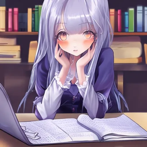 Prompt: anime girl sitting in night and study with her computer she have long white hair and desk with she have buttoned big shirt and she's cute