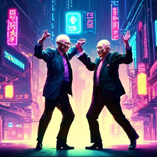 Prompt: two old men dancing in a futuristic underworld neon city while the world goes by, concept art, neon, cyberpunk, digital art