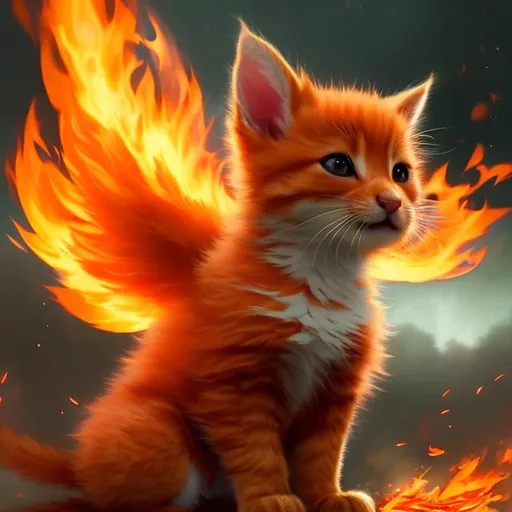 Prompt: Cute, red, fluffy, fire kitten, possessing the element of fire and making circles of fire
 move around in the air in a magical way. Perfect features, extremely detailed, realistic. Krenz Cushart + loish +gaston bussiere +craig mullins, j. c. leyendecker +Artgerm.