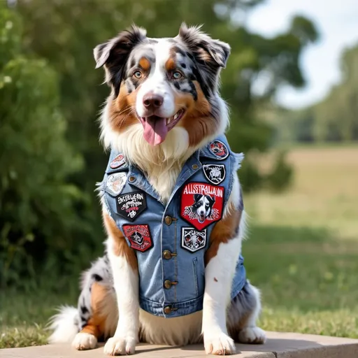 Prompt: australian shepherd wearing a heavy metal music denim vest with patches