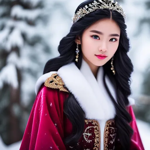 Prompt: High quality ice kingdom Princess with black with snow flakes long hair, hyper realistic, brown eyes, cherry lips, smooth and soft skin, 4HD, 1080p. Sparkles, renaissance dress