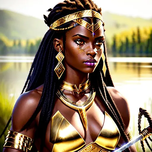 Prompt: (Hyperrealistic highly detailed sharp full body photography of an ebonian warrior princess holding a spear)
Beautiful, big scars, strong-willed, determined eyes, charismatic, leader, brave, inspiring, long hair. Golden necklace, golden headband, warpaint, magical steel spear radiating sunlight. Tribal.
Epic awesome scenery, savannah, big winding river, early night, stars, moonless, shadows, dark.
Visual effects. #Marabeth