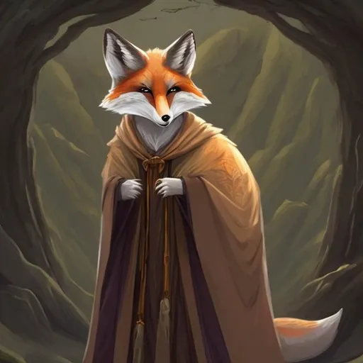 Prompt: A anthimorphic fox wearing a long cloak. 