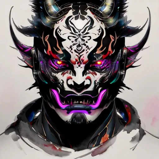 Prompt: Watercolor portrait of a roaring neon hannya with iridescent black markings and a CYBERNETIC face, perfect composition, hyperrealistic, super detailed, 8k, high quality, trending art, trending on artstation, sharp focus, studio photo, intricate details, highly detailed, by greg rutkowski, illustration, watercolor, BY YUJI SHINKAWA