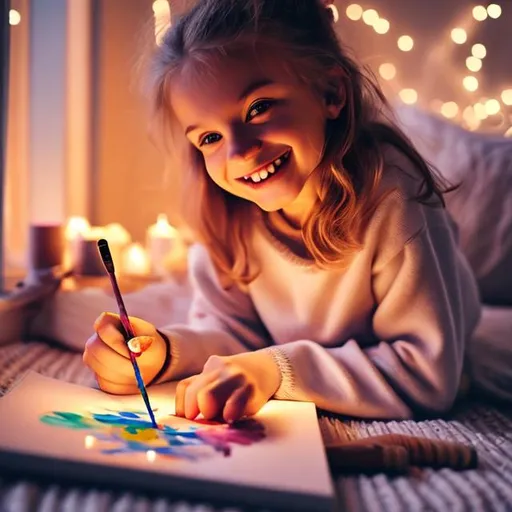 Prompt: Cosy night ,smiling girl, painting,flowers, lighting 