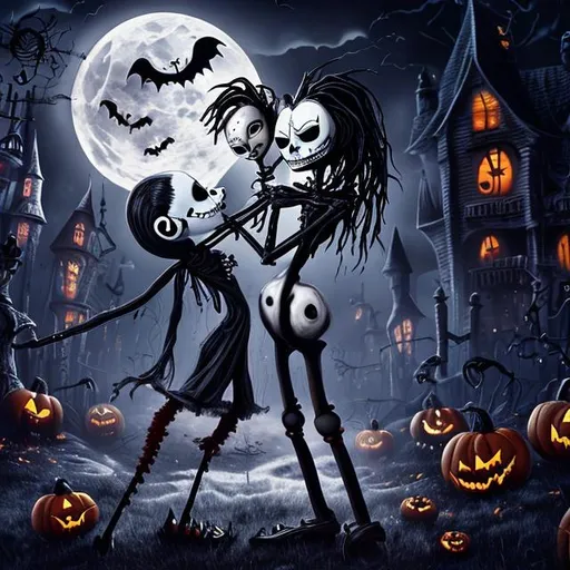 Prompt: Jack Skeleton and Sally dancing in Moonlight, Cinematic, 64k, Realistic, Halloween, UHD, vivid color, Movie grade, Tim Burton style, Claymation, 3d
