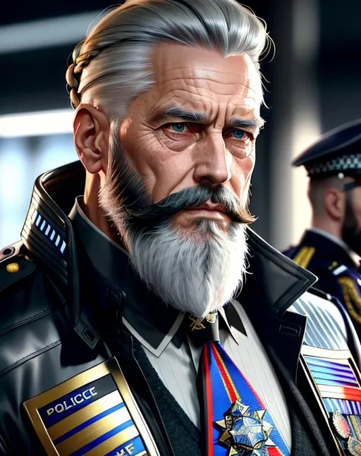 Prompt: perfect composition, bearded goatee {75 year old}, lean {British police chief}, {short hair}, {long braided beard}, {wearing futuristic trench coat over police gear}, extra masculine, peak fitness, determined expression, 8k eyes, detailed face, wlop, stanley artgerm lau, artstation, hd, octane render, hyperrealism intricate details, 8k, cinematic volumetric light, proportional, sharp focus, studio photo, intricate details, highly detailed, intricate artwork masterpiece, ominous, intricate, epic, trending on artstation, highly detailed, vibrant, production cinematic character render, ultra high quality model, 