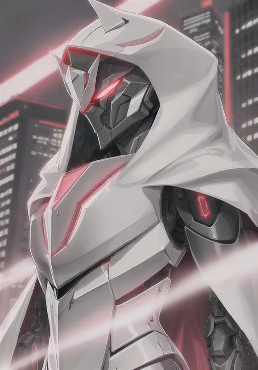Prompt: Tall, evil glare, silver and onyx colored, futuristic robot wearing a glowing red visor, cool cloak, digital futuristic city background,