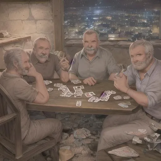 Prompt: photorealistic, 4 old men playing cards. Dumpsterfire. Night.