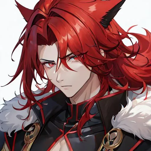 Prompt: Zerif (Red side-swept hair covering his right eye) as a human-wolf hybrid, UHD, 8K