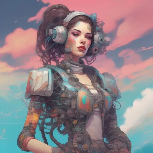 Prompt: A colourful and beautiful head to toe Persephone as a cyberpunk woman with brunette hair and a robot arm, wearing vintage lacy clothes, with clouds for hair in a painted style