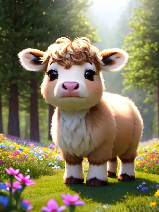 Prompt: Disney Pixar style highland calf highly detailed, extra fluffy, intricate, big eyes, adorable, beautiful, soft dramatic lighting, light shafts, radiant, ultra high quality octane render, daytime forest background, field of flowers, bokeh, hypermaximalist,