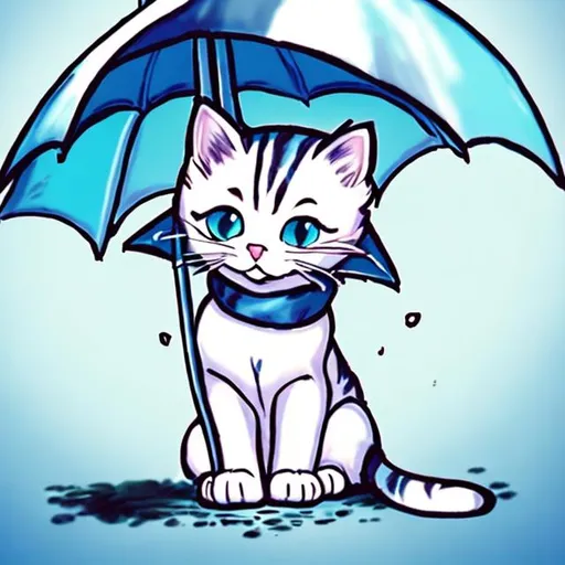 Prompt: litlle cat white blue eyes comic story umbrella cartoon