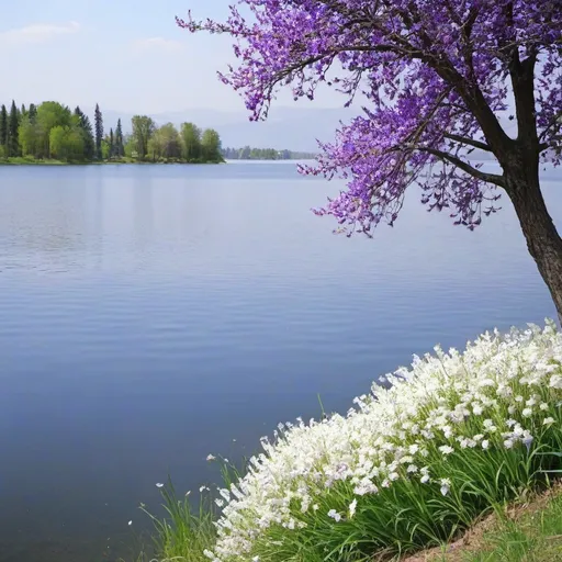 Prompt: lake, tree, white and purple flowers