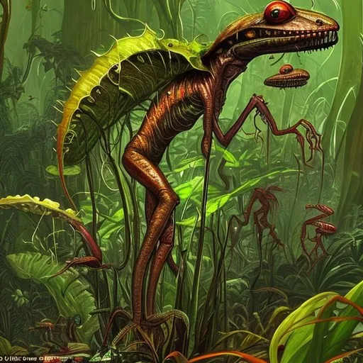 Prompt: An as yet undiscovered plant species that is closely related to Venus fly traps, except it's large enough to eat a human, anda& is a lightning fast ambush predator, is approached deep in the jungle by unsuspecting explorers.